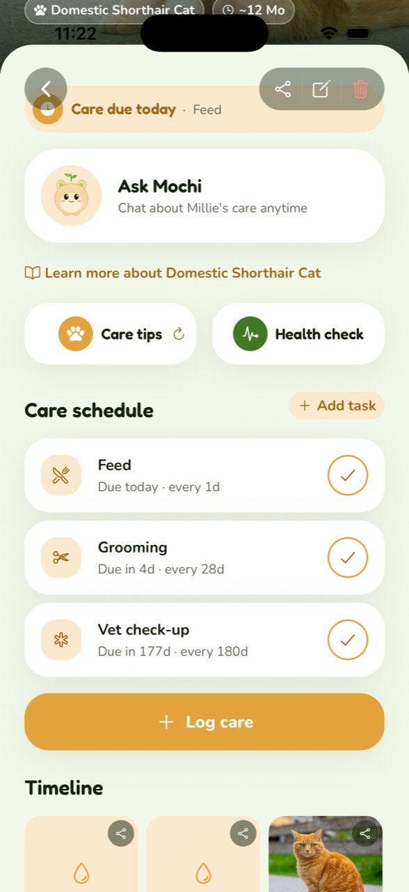 A companion's care schedule and photo timeline in PawBloom